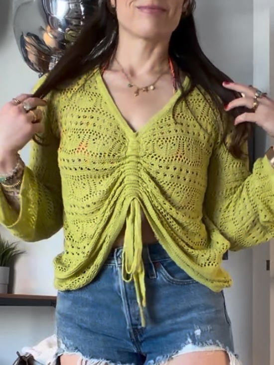 Tops - Lime Green Crochet Ruched Tie-Front Boho Top. Size S